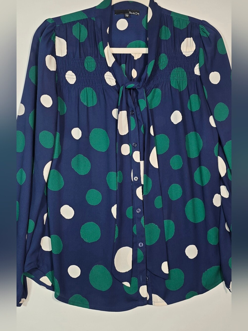 Ro & De Navy Blouse with Green and White Polka Dots Tie-Neck